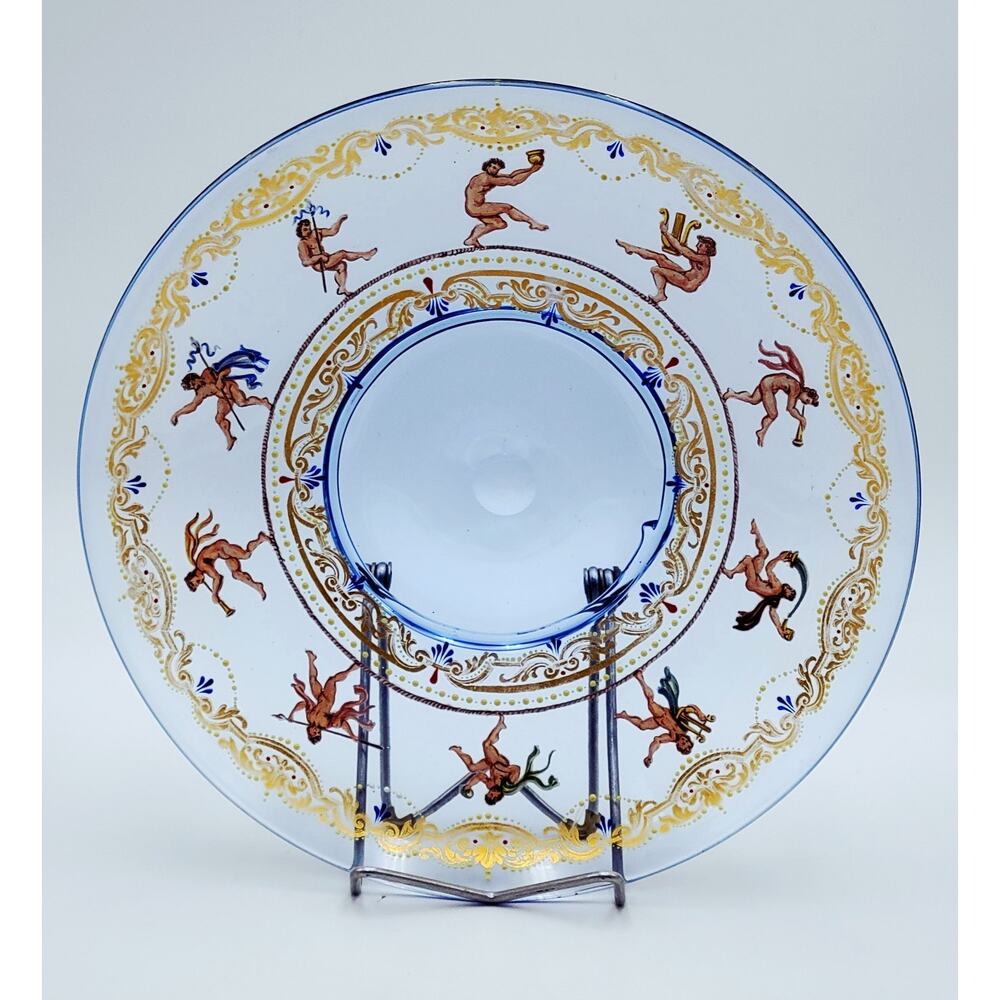 Antique Venetian Murano Salviati Style Enameled Gilded Cherub Putti Glass Plate
